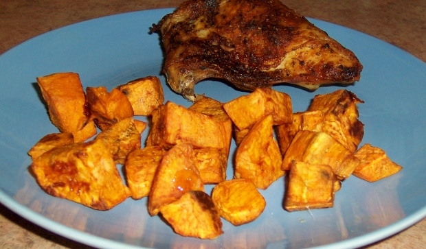 a picture of baked chicken and sweet potato's